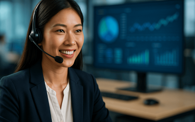 Smiling agent with headset in AI-powered contact centre