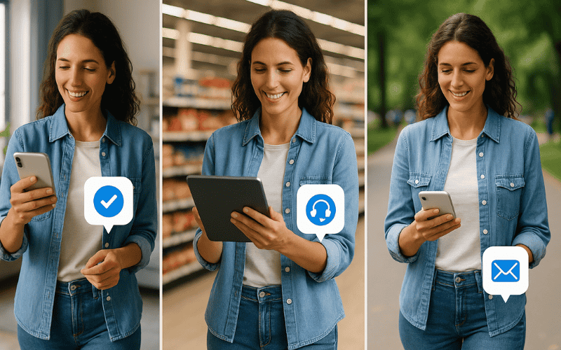 Woman contacting a company on multiple channels