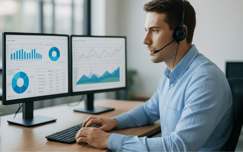 Male contact centre agent wearing a headset, with data visualisation in the background