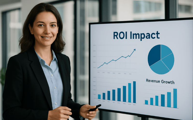 Female business professional reviewing ROI data
