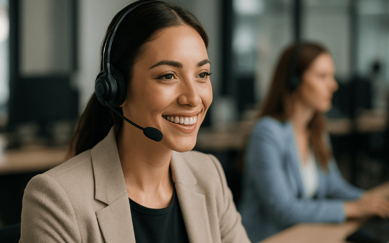 Woman with headset smiling at the camera