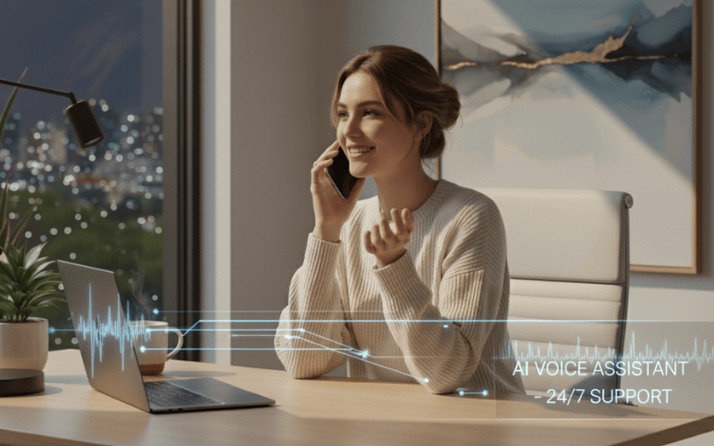 happy female customer on phone in home office