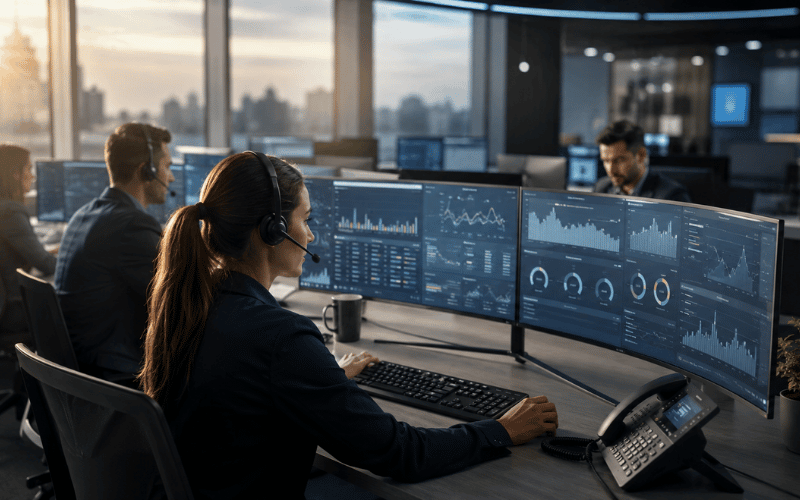 Professionals looking at analytics on computer screens