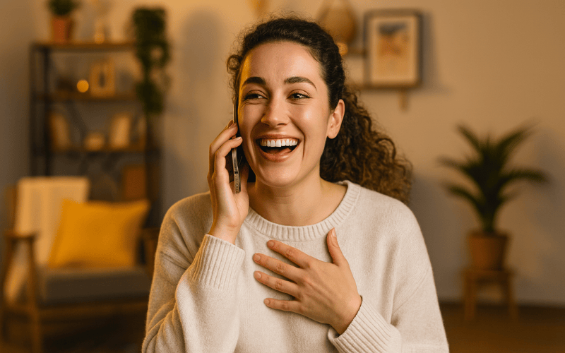 Happy woman on the phone talking to customer service