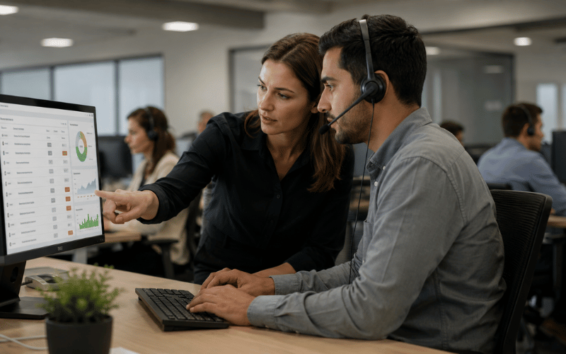 Smiling female customer service agent with headset