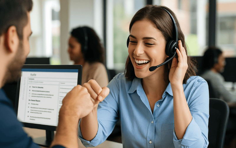 Call centre agents fist bumping with Cytrack Agent Assist