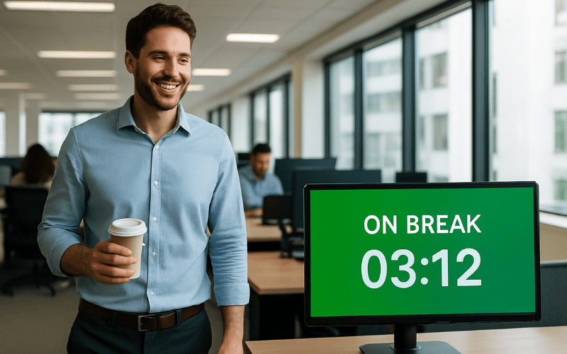 Call centre agent on break as indicated on the screen