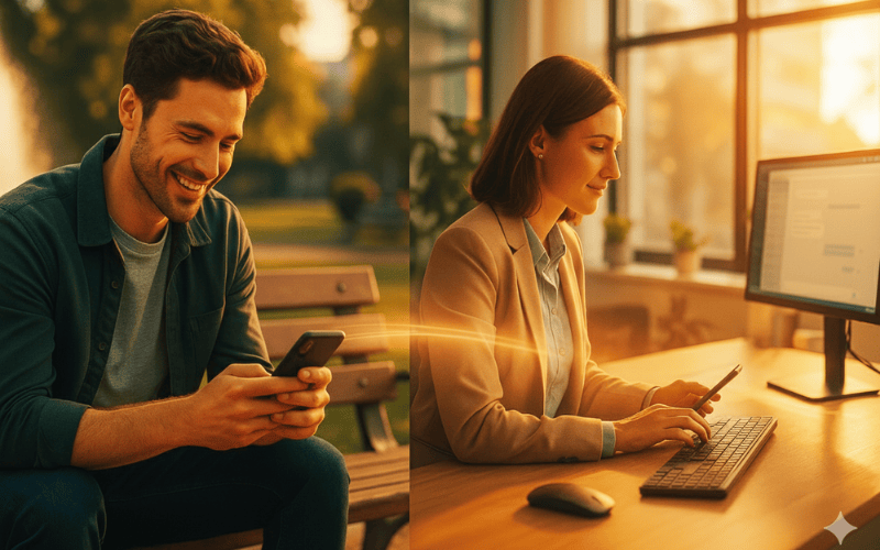 Customer texting on mobile phone to call centre